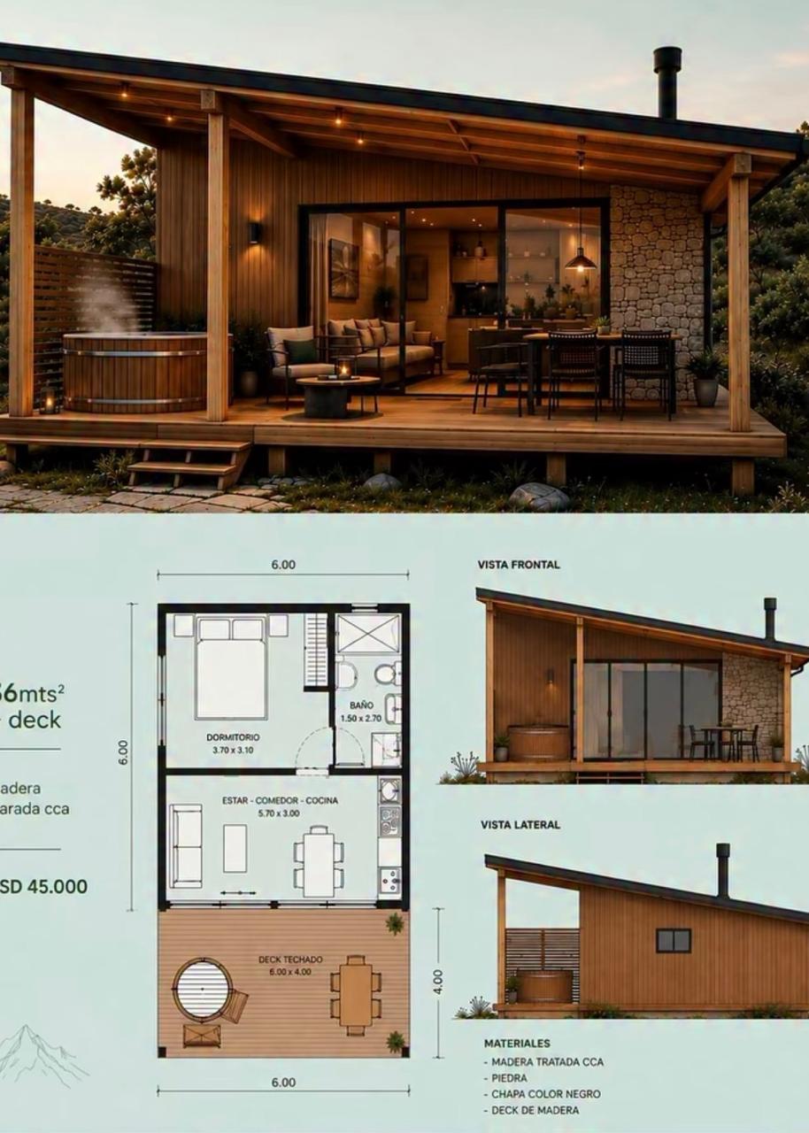 Casa modular de madeira com deck e planta baixa